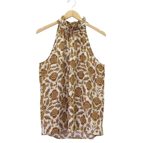 NWT Nicole Miller Linen Blend Blouse Retro Floral Print Brown Cream Size Small - Picture 11 of 11